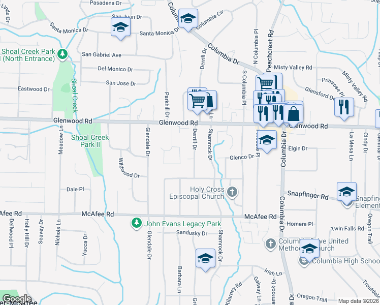 map of restaurants, bars, coffee shops, grocery stores, and more near 1863 Derrill Drive in Decatur