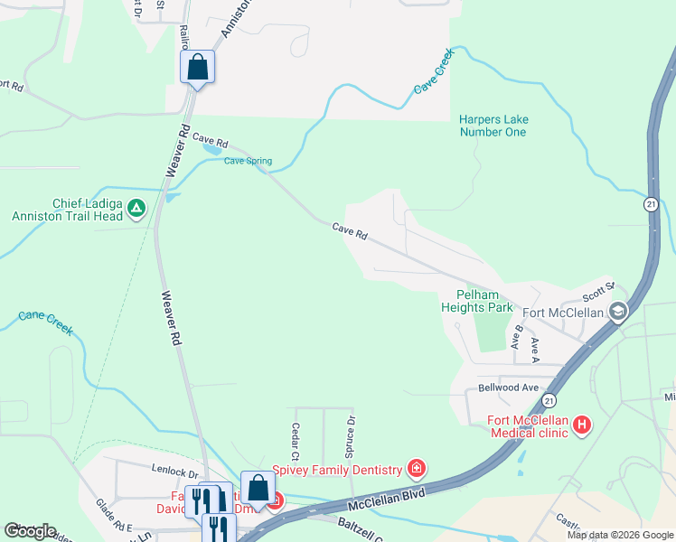 map of restaurants, bars, coffee shops, grocery stores, and more near 757 Cave Road in Anniston