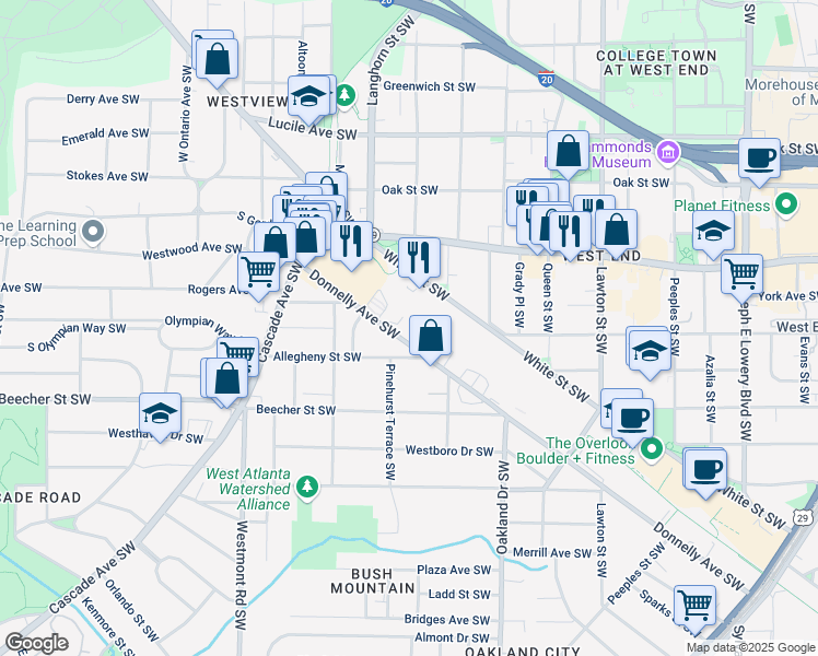 map of restaurants, bars, coffee shops, grocery stores, and more near 1345 Donnelly Avenue Southwest in Atlanta