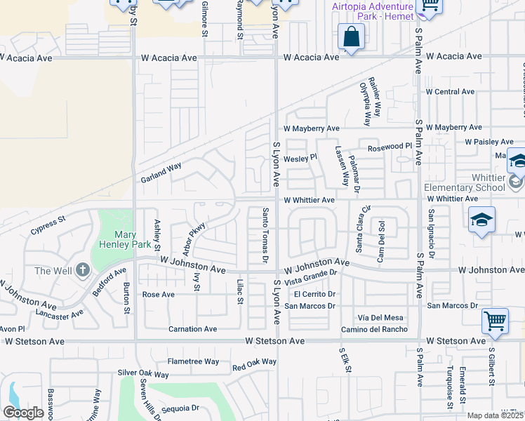 map of restaurants, bars, coffee shops, grocery stores, and more near 1715 Santiago Way in Hemet