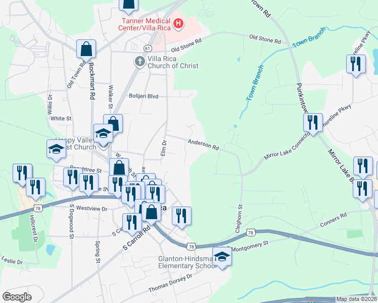 map of restaurants, bars, coffee shops, grocery stores, and more near 106 Pin Oak Trail in Villa Rica