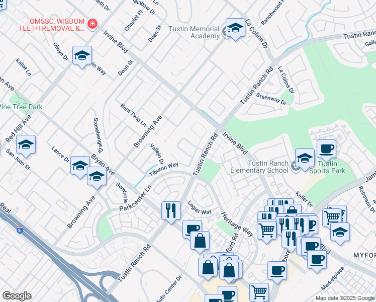 map of restaurants, bars, coffee shops, grocery stores, and more near 2201 Marselina in Tustin