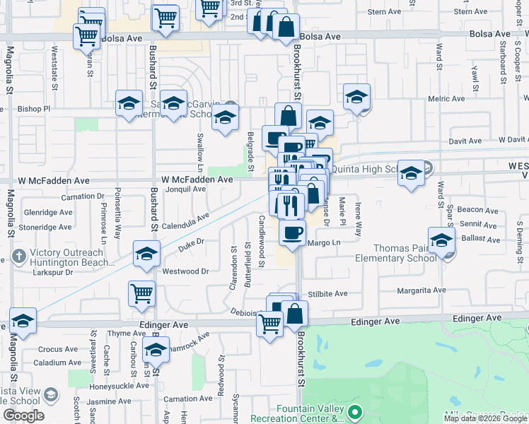 map of restaurants, bars, coffee shops, grocery stores, and more near 9831 Cloverdale Avenue in Westminster