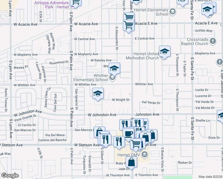 map of restaurants, bars, coffee shops, grocery stores, and more near 717 Carol Way in Hemet