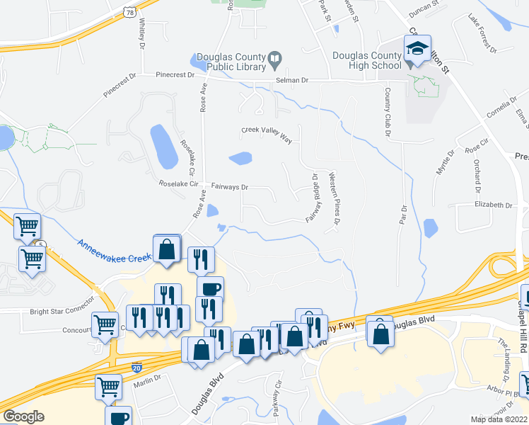 map of restaurants, bars, coffee shops, grocery stores, and more near 6821 Fairway Ridge Drive in Douglasville
