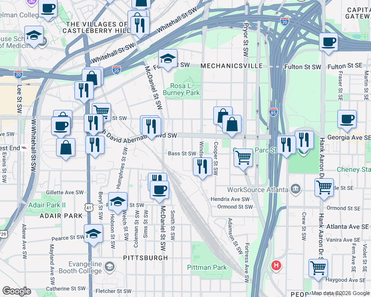 map of restaurants, bars, coffee shops, grocery stores, and more near 678 Garibaldi Street Southwest in Atlanta
