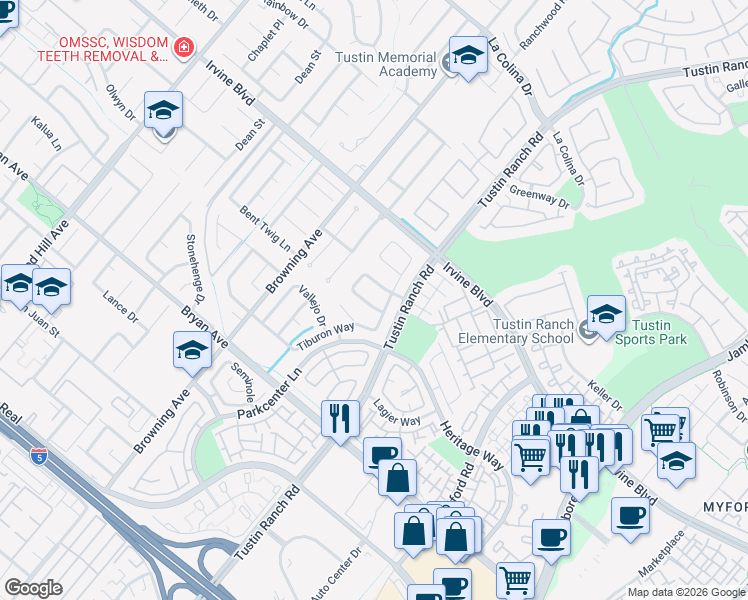 map of restaurants, bars, coffee shops, grocery stores, and more near 2201 Marselina in Tustin