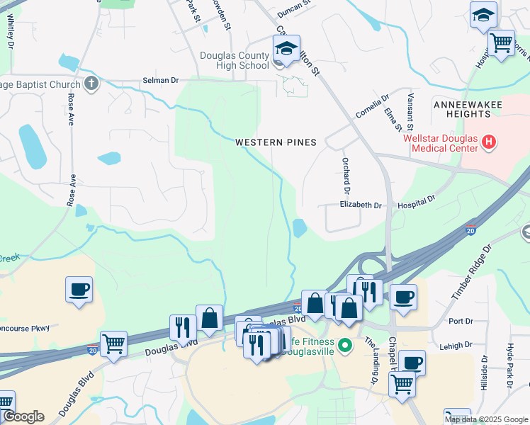 map of restaurants, bars, coffee shops, grocery stores, and more near 9041 Par Drive in Douglasville