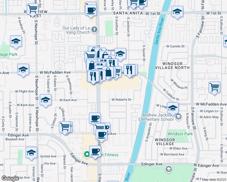 map of restaurants, bars, coffee shops, grocery stores, and more near 910 South Bewley Street in Santa Ana