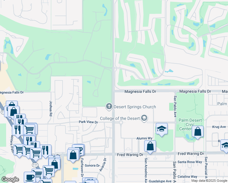 map of restaurants, bars, coffee shops, grocery stores, and more near Magnesia Falls Drive in Palm Desert