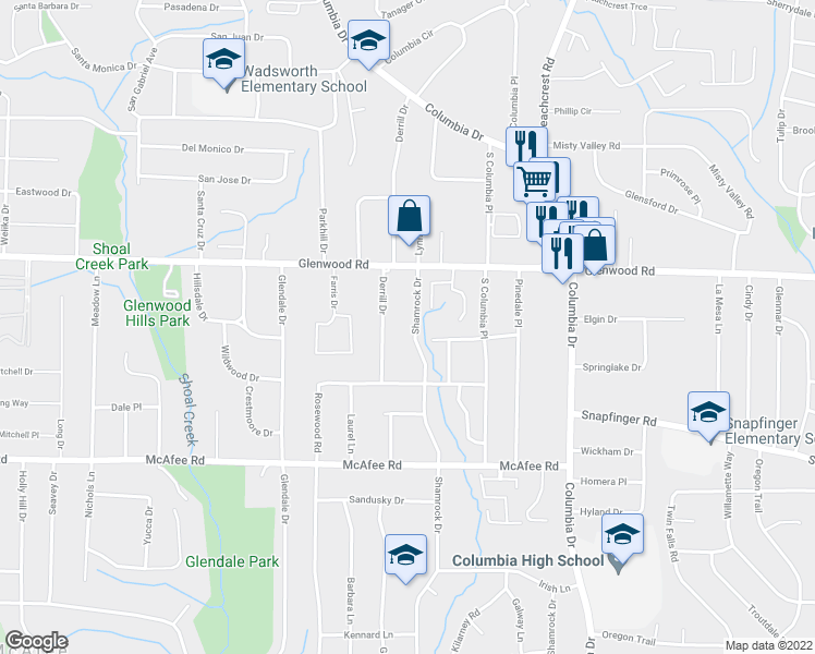 map of restaurants, bars, coffee shops, grocery stores, and more near 1879 Shamrock Drive in Decatur