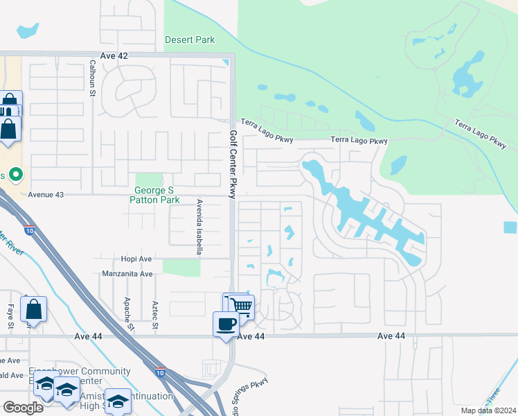 map of restaurants, bars, coffee shops, grocery stores, and more near 84136 Avenue 44 in Indio