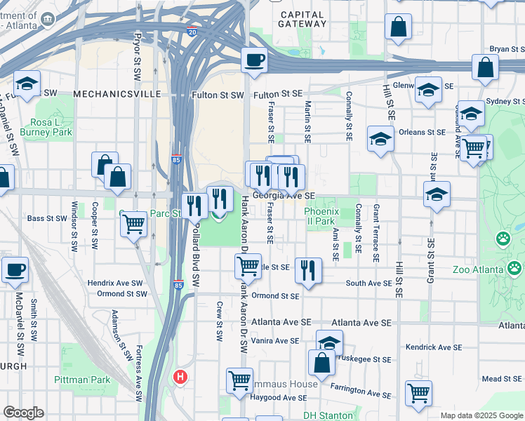 map of restaurants, bars, coffee shops, grocery stores, and more near 686 Exchange Street in Atlanta