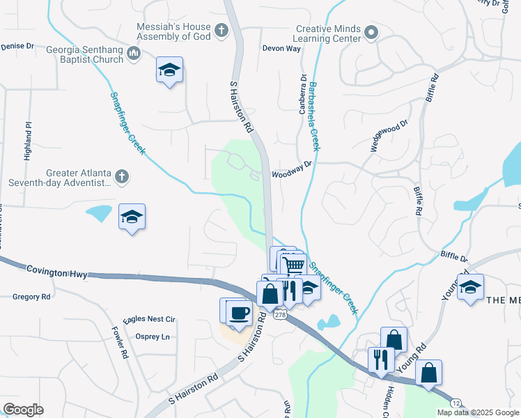 map of restaurants, bars, coffee shops, grocery stores, and more near 1943 South Hairston Road in Stone Mountain