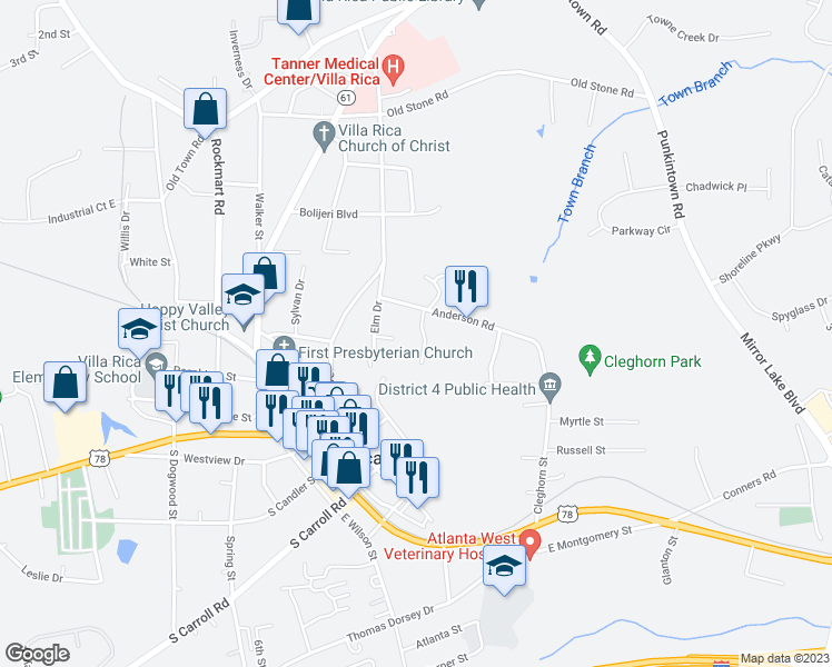 map of restaurants, bars, coffee shops, grocery stores, and more near 101 Pin Oak Trail in Villa Rica