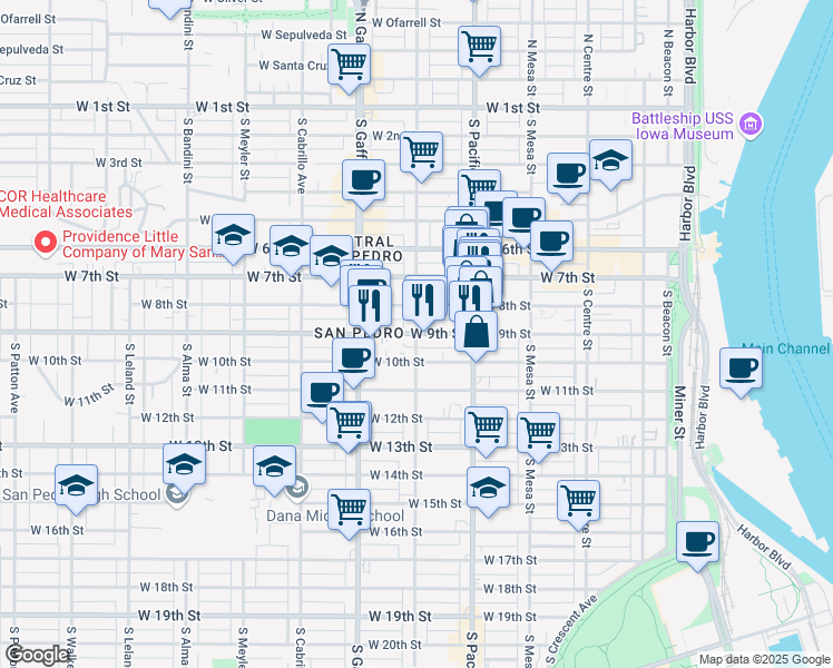 map of restaurants, bars, coffee shops, grocery stores, and more near West 9th Street & South Grand Avenue in Los Angeles