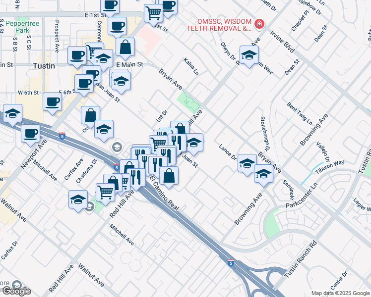 map of restaurants, bars, coffee shops, grocery stores, and more near 13722 Red Hill Avenue in Tustin