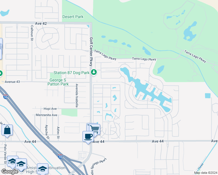 map of restaurants, bars, coffee shops, grocery stores, and more near 84136 Avenue 44 in Indio