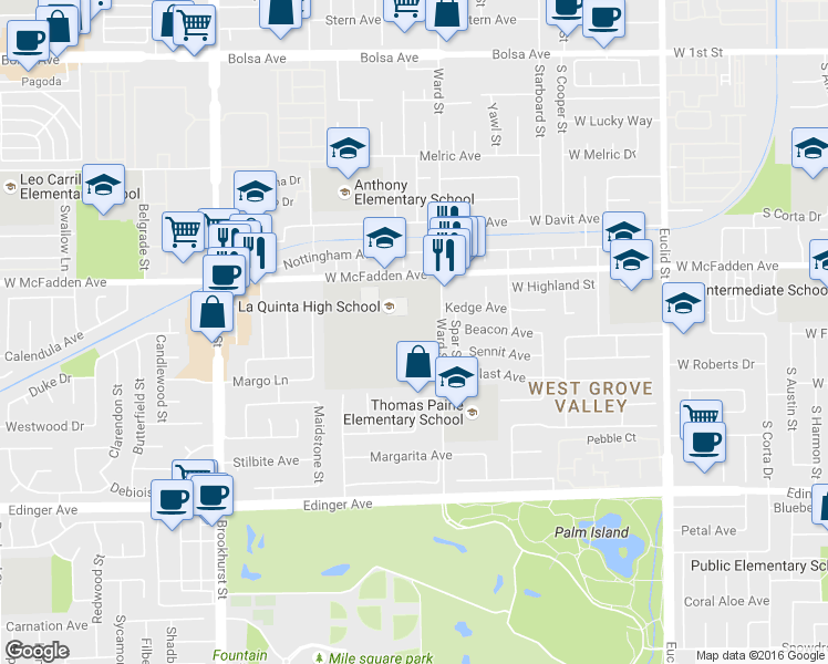 map of restaurants, bars, coffee shops, grocery stores, and more near 10372 West McFadden Avenue in Westminster