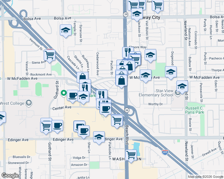 map of restaurants, bars, coffee shops, grocery stores, and more near 156 Cottonwood Lane in Midway City
