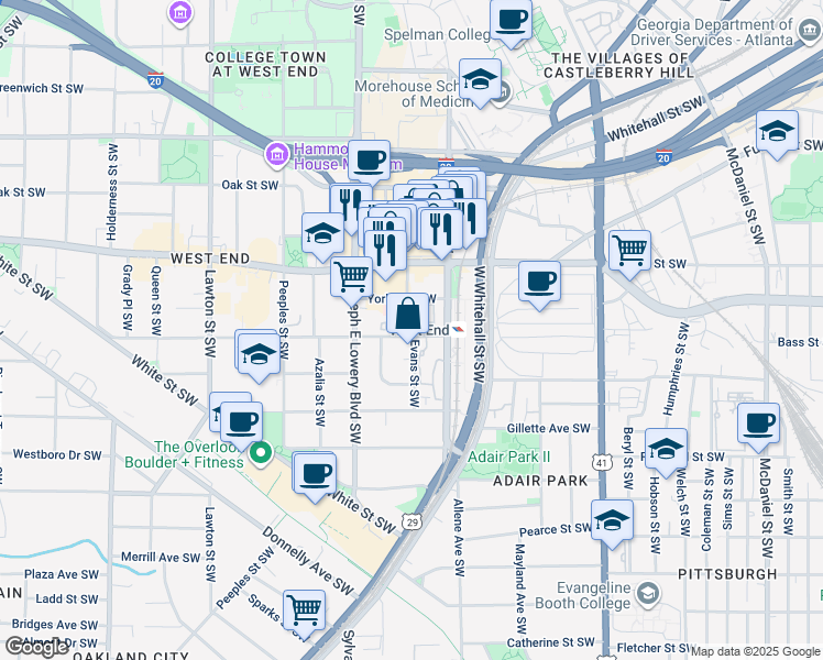 map of restaurants, bars, coffee shops, grocery stores, and more near 835 Oglethorpe Avenue Southwest in Atlanta