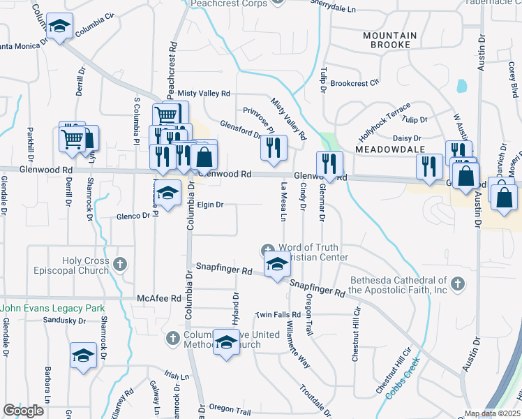 map of restaurants, bars, coffee shops, grocery stores, and more near 3471 Elgin Drive in Decatur