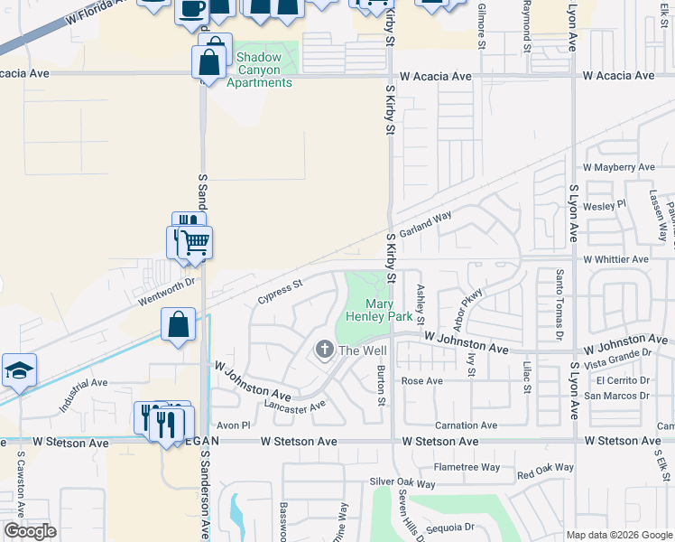 map of restaurants, bars, coffee shops, grocery stores, and more near 2670 Cypress Street in Hemet