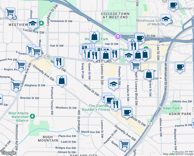 map of restaurants, bars, coffee shops, grocery stores, and more near 1118 Lawton Place Southwest in Atlanta