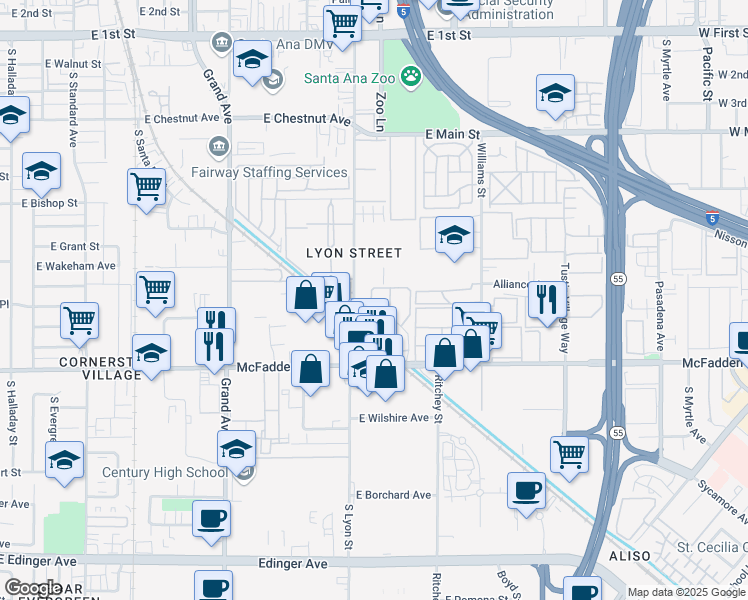map of restaurants, bars, coffee shops, grocery stores, and more near 1709 Normandy Place in Santa Ana