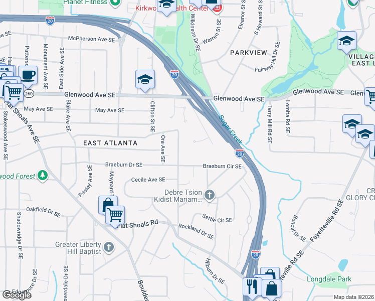 map of restaurants, bars, coffee shops, grocery stores, and more near 1511 Waltham Place Southeast in Atlanta