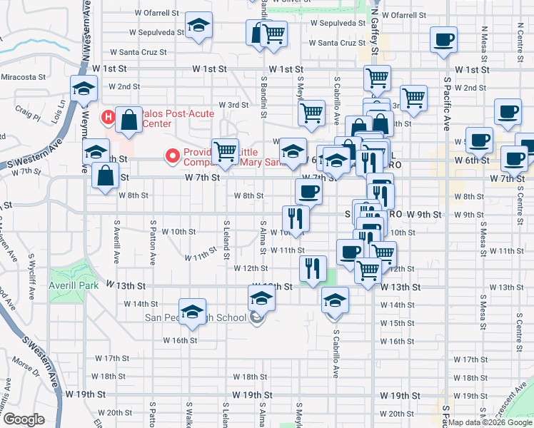 map of restaurants, bars, coffee shops, grocery stores, and more near 990 West 9th Street in Los Angeles