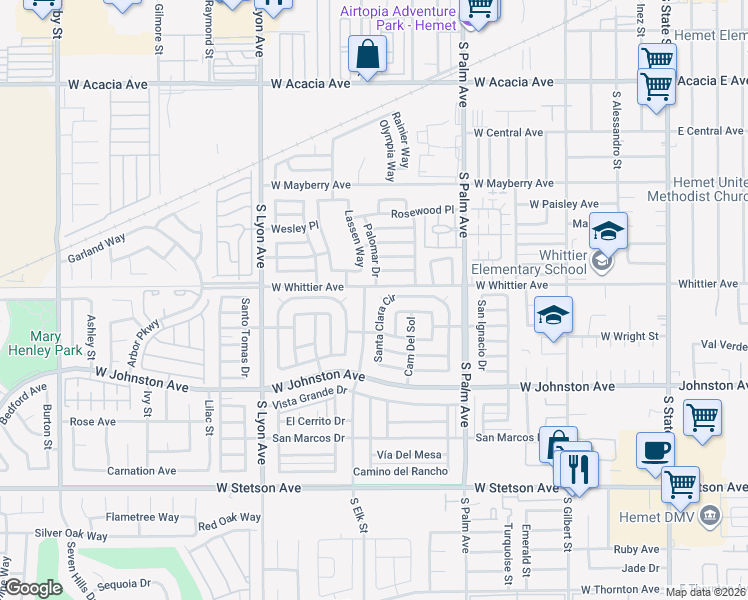 map of restaurants, bars, coffee shops, grocery stores, and more near 410 Santa Clara Circle in Hemet