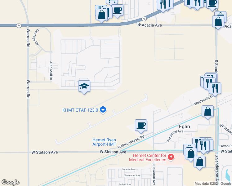 map of restaurants, bars, coffee shops, grocery stores, and more near 1715 Santiago Way in Hemet