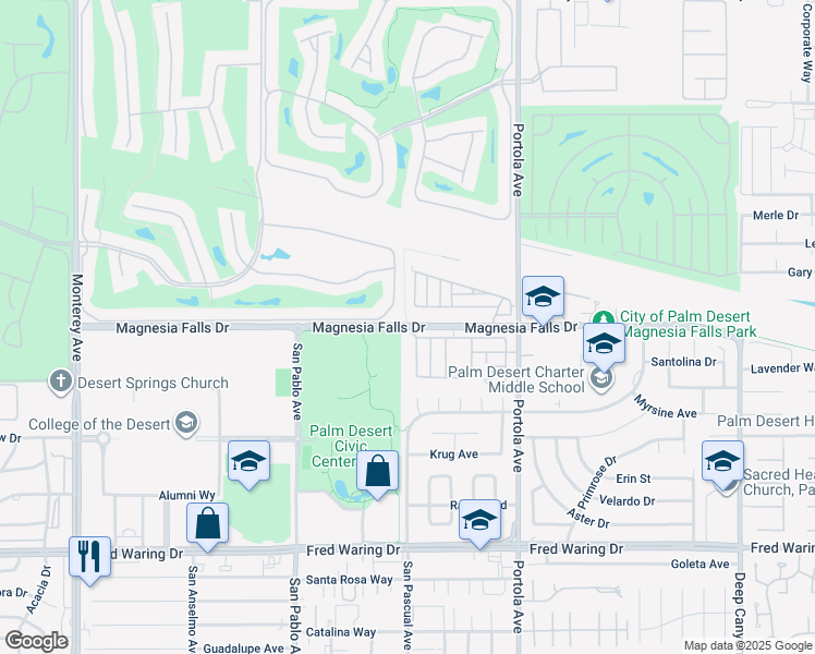 map of restaurants, bars, coffee shops, grocery stores, and more near Magnesia Falls Drive in Palm Desert