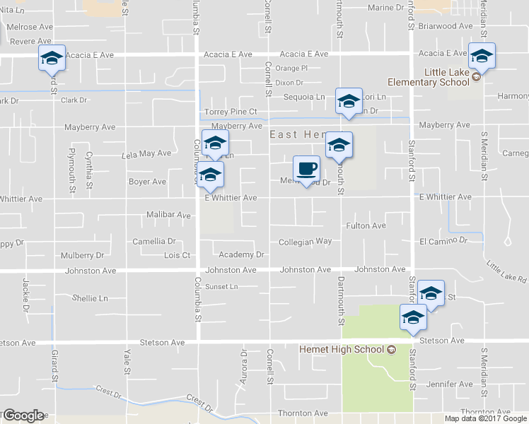 map of restaurants, bars, coffee shops, grocery stores, and more near 26547 Cornell Street in Hemet