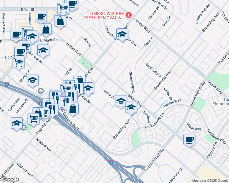 map of restaurants, bars, coffee shops, grocery stores, and more near 13541 Farmington Road in Tustin