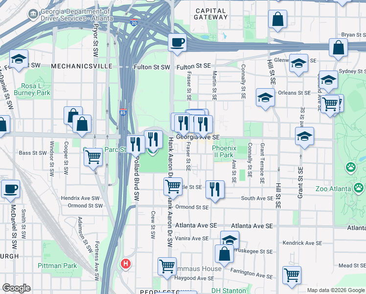 map of restaurants, bars, coffee shops, grocery stores, and more near 29 Georgia Avenue Southeast in Atlanta