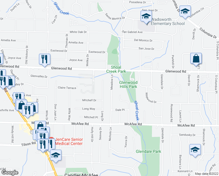 map of restaurants, bars, coffee shops, grocery stores, and more near 1883 Meadow Lane in Decatur