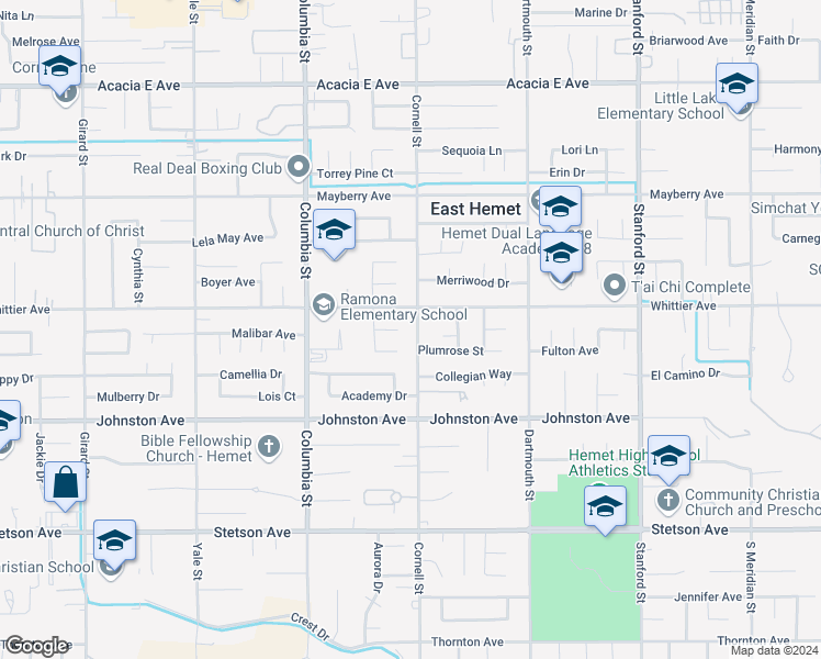 map of restaurants, bars, coffee shops, grocery stores, and more near 26547 Cornell Street in Hemet