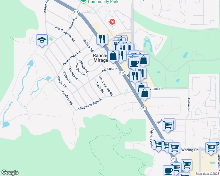 map of restaurants, bars, coffee shops, grocery stores, and more near 71798 San Gorgonio Road in Rancho Mirage