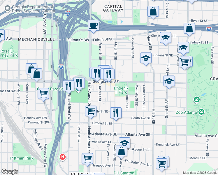 map of restaurants, bars, coffee shops, grocery stores, and more near 73 Georgia Avenue Southeast in Atlanta