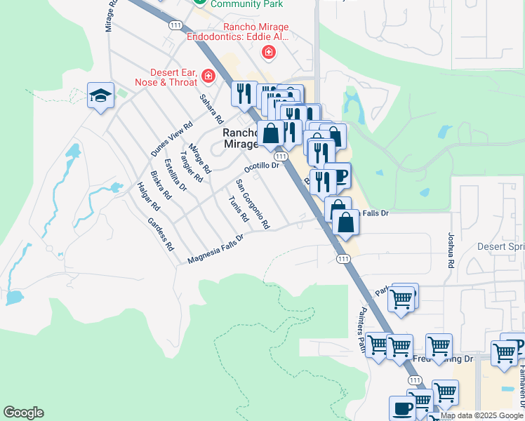 map of restaurants, bars, coffee shops, grocery stores, and more near 71798 San Gorgonio Road in Rancho Mirage