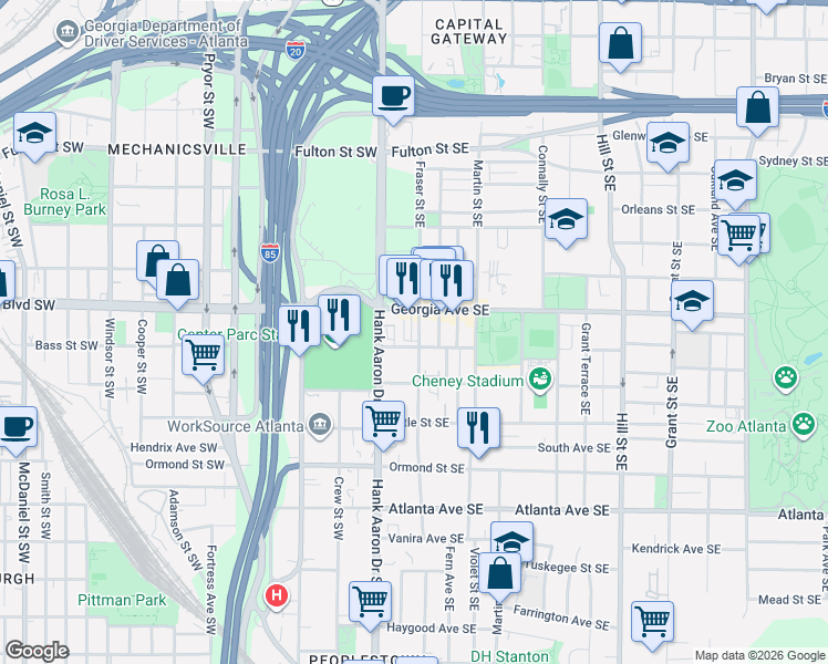 map of restaurants, bars, coffee shops, grocery stores, and more near 29 Georgia Avenue Southeast in Atlanta