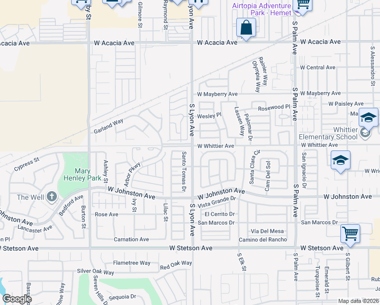 map of restaurants, bars, coffee shops, grocery stores, and more near 1700 Santiago Way in Hemet