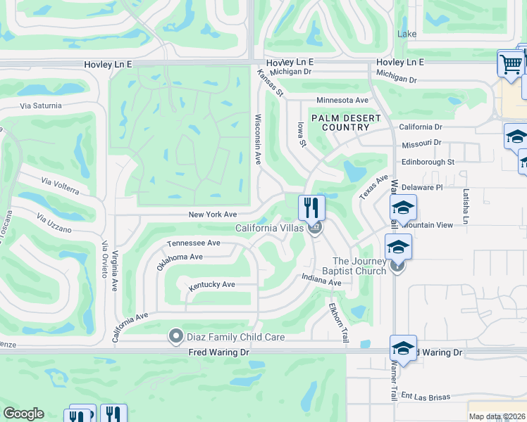 map of restaurants, bars, coffee shops, grocery stores, and more near 77041 New York Avenue in Palm Desert