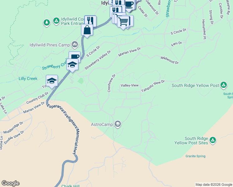 map of restaurants, bars, coffee shops, grocery stores, and more near 26550 Crestview Drive in Idyllwild-Pine Cove