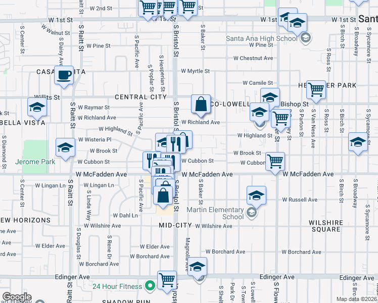 map of restaurants, bars, coffee shops, grocery stores, and more near 1222 West Brook Street in Santa Ana