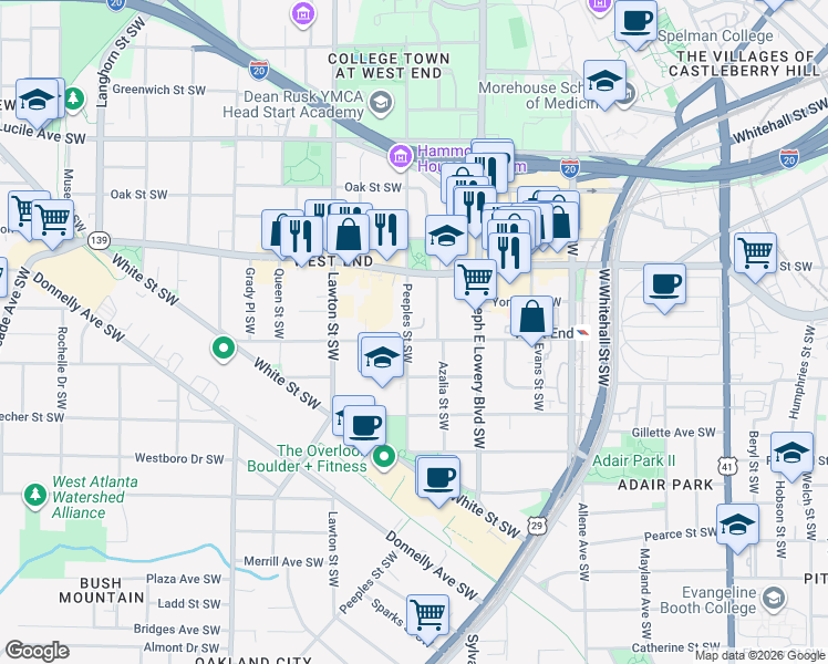 map of restaurants, bars, coffee shops, grocery stores, and more near 694 Peeples Street Southwest in Atlanta