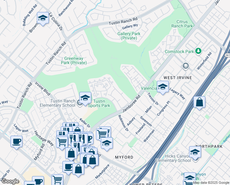 map of restaurants, bars, coffee shops, grocery stores, and more near 12612 Nicklaus Lane in Tustin