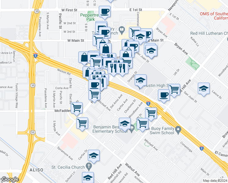 map of restaurants, bars, coffee shops, grocery stores, and more near 130 Nisson Road in Tustin